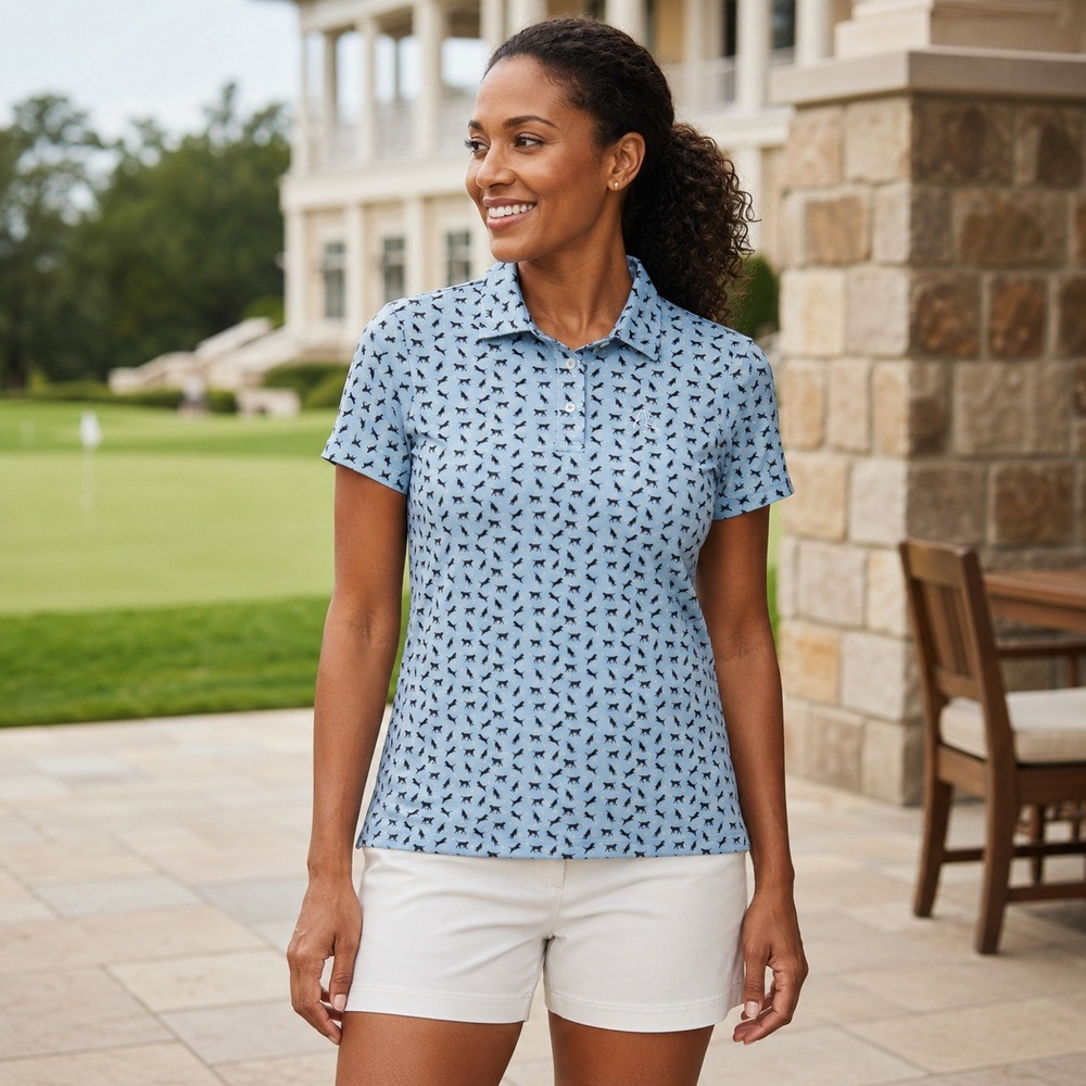Rhoback Women's Small Performance Golf Polo Blue Dog Print Stretch Shirt